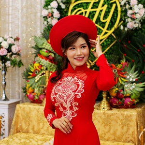 Ao Dai All Size Traditional Vietnamese Long Dress Collections with Pants Silk 3D ADVN00682 