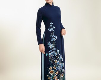 Hand-painted Ao Dai on Dark Blue Silk