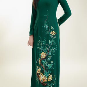 Custom Floral Hand-Painted Ao Dai - Green Silk Dress with Pants