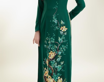 Custom Floral Hand-Painted Ao Dai - Green Silk Dress with Pants