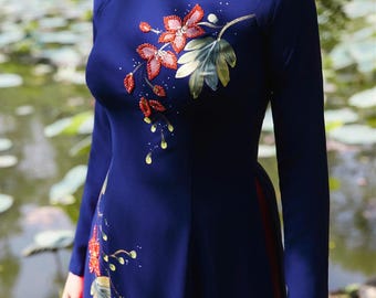 Blue Ao Dài with Handcrafted Flowers & Crystals