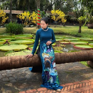Custom-made Teal Silk Ao Dai with Hand-painted Lotus Motif