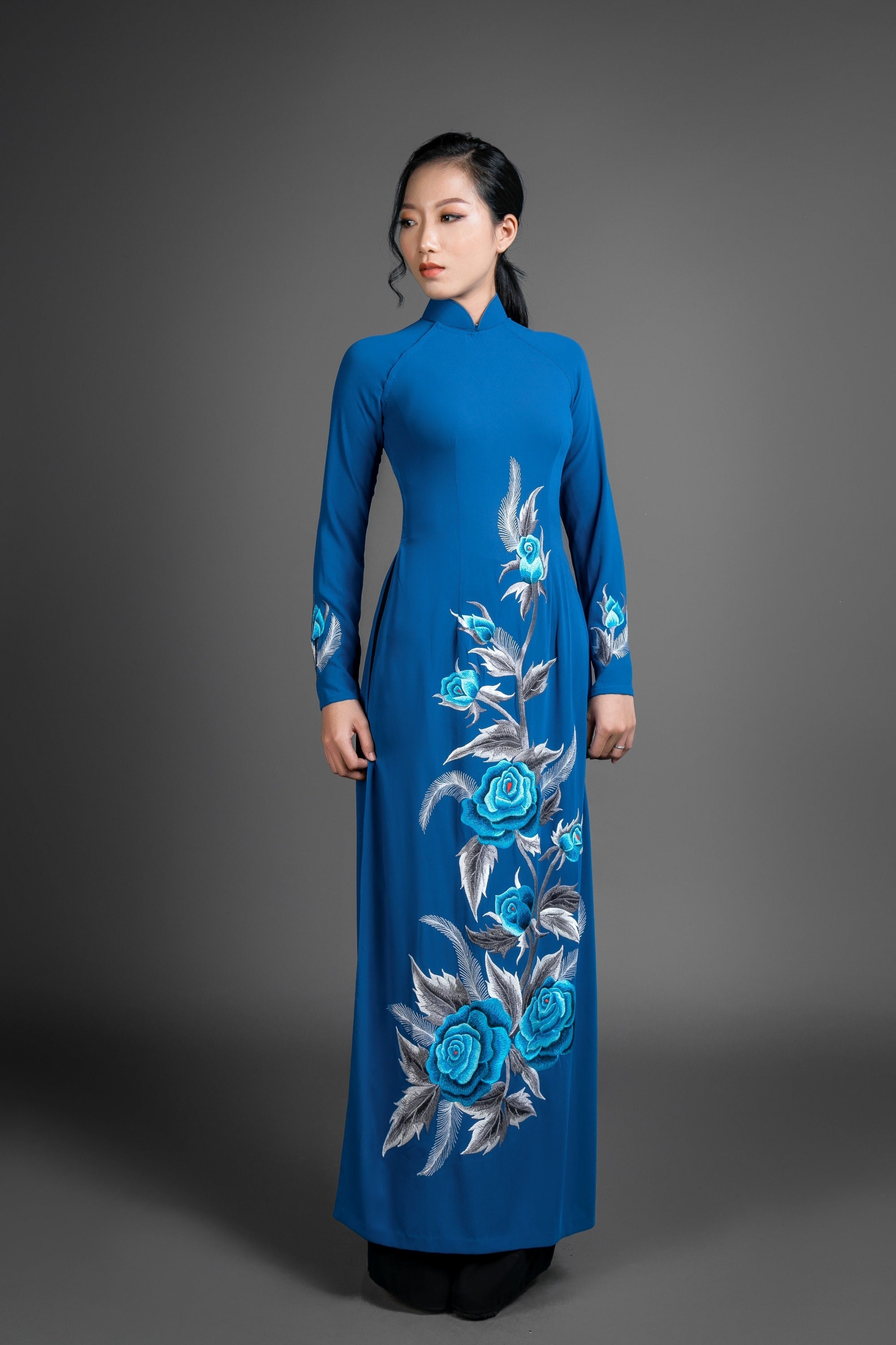 Ao Dai Vietnam Traditional Dress Blue Silk Long Dress With Stunning Embroidered Rose Motif Etsy 