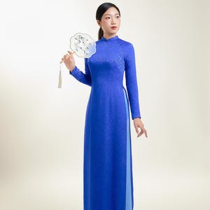 Custom-made Blue Leaf Pattern Ao Dai in Thai Tuan Silk Brocade