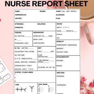 May include: A white nurse report sheet with black text, including sections for patient information, vital signs, and medical assessments. The title "NURSE REPORT SHEET" is prominently displayed at the top. The sheet is designed for medical professionals.