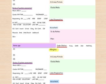 May include: A Nurse Report Sheet template featuring two identical patient data sections. Each section includes fields for name, age, code status, allergies, medical history, systems assessment, IV lines, fluids, labs, and notes on a white background.