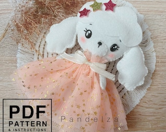 Poodle dog felt PDF pattern. Easy hand sewing pattern with tutorial step by step. DIY Poodle doll wearing party dress.