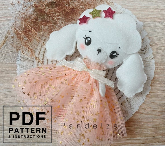 Poodle dog felt PDF pattern. Easy hand sewing pattern with tutorial step by step. DIY Poodle doll wearing party dress.