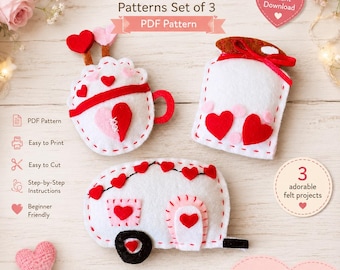 Conjunto de 3 moldes em PDF com vídeo. Artesanato em feltro para o Dia dos Namorados. Molde para brinquedo de pelúcia. Faça você mesmo brinquedos/enfeites de feltro: trailer, pote e xícara de cappuccino.