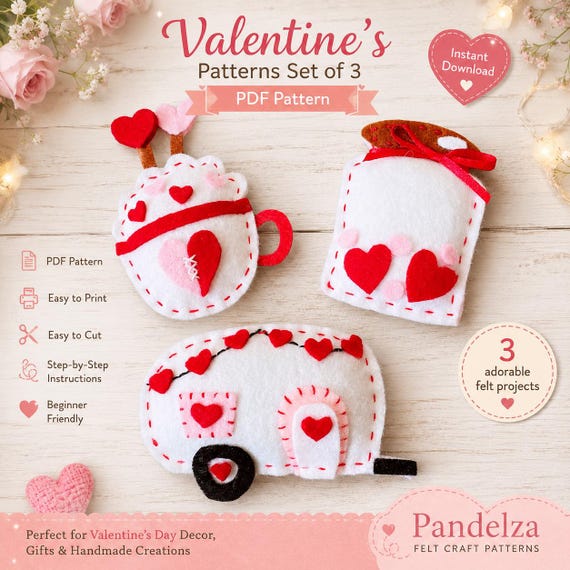 PDF Pattern Set of 3 with video. Valentine's Felt Craft. Stuffed Toy Pattern. DIY Felt Toys/ Ornaments Trailer Camper, Jar, Cappuccino Cup.