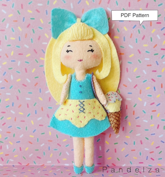 PDF Pattern: Cute Ice cream girl doll. DIY Ice cream girl felt craft. Easy pattern with tutorial step by step.