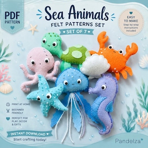 Sea Animal Felt Patterns Set of 7. Stuffed Animal Patterns. Cute Plush Animals. DIY Felt Toys/ Ornament/ Mobile Nursery (PDF Download).