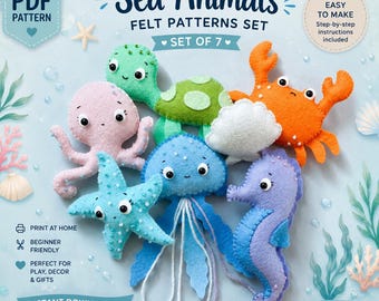 Sea Animal Felt Patterns Set of 7. Stuffed Animal Patterns. Cute Plush Animals. DIY Felt Toys/ Ornament/ Mobile Nursery (PDF Download).