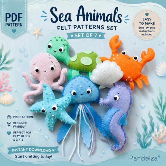 Sea Animal Felt Patterns Set of 7. Stuffed Animal Patterns. Cute Plush Animals. DIY Felt Toys/ Ornament/ Mobile Nursery (PDF Download).