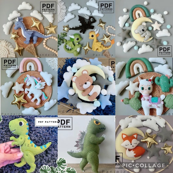 Felt sewing pattern animals set bundle. Hand sewing pattern. DIY felt toys/ baby mobile/ nursery/ ornament/ garland. Great DIY gift idea.
