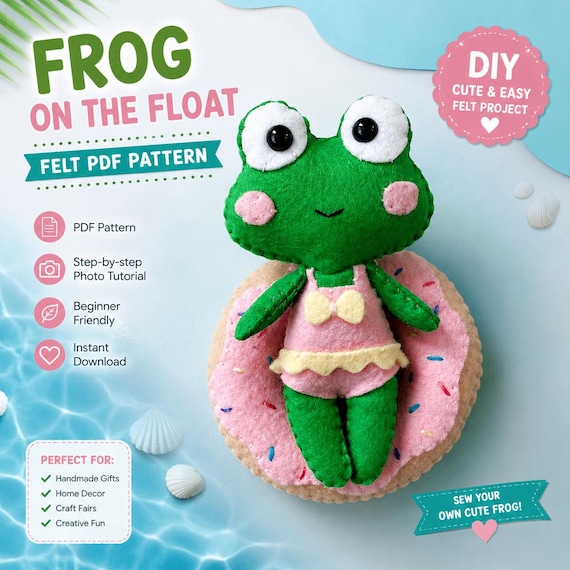 Felt Frog Doll with Donut Float PDF Pattern. Hand Sewing Patterns. Stuffed Animal Toys. Cute Plush Doll. DIY Felt Toys/ Mobile Nursery Toys.