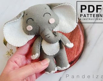 Elephant felt PDF Pattern. DIY softy toy elephant/ jungle animal/ Safari/ baby mobile. Easy sewing pattern with instruction step by step.