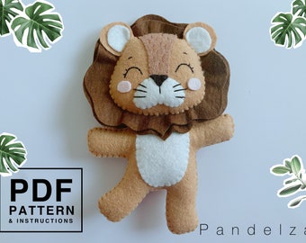 Lion felt sewing PDF Pattern. DIY lion toy plush/ baby mobile/ ornament/ decoration. Easy sewing pattern with instruction step by step.