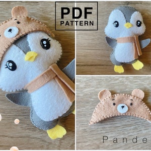 Penguin with bear hat PDF Pattern. DIY softy plushie felt toy/ doll/ animal. Easy pattern with tutorial. Baby mobile toys/ great gift.