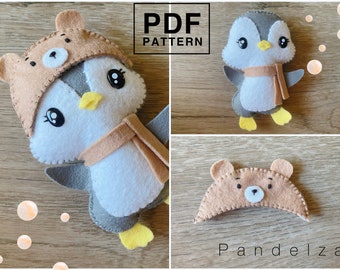 Penguin with bear hat PDF Pattern. DIY softy plushie felt toy/ doll/ animal. Easy pattern with tutorial. Baby mobile toys/ great gift.