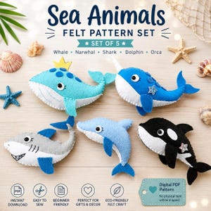 Ensemble de 5 patrons PDF d'animaux marins en feutrine. Modèles d'animaux de l'océan. Modèles de peluches. Peluches en feutrine. Jouets à faire soi-même / Mobile pour chambre d'enfant / Guirlande...