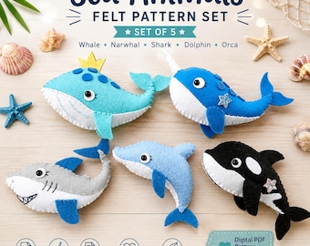 Felt Sea Animals PDF Pattern Set of 5. Ocean Animal Patterns. Stuffed Toy Patterns. Felt Animal Plush. DIY Toys/ Mobile Nursery/ Garland...