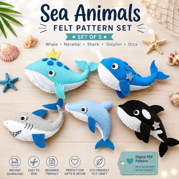 Felt Sea Animals PDF Pattern Set of 5. Ocean Animal Patterns. Stuffed Toy Patterns. Felt Animal Plush. DIY Toys/ Mobile Nursery/ Garland...