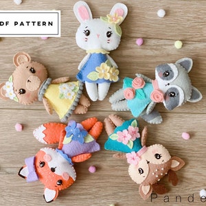 PDF Pattern: Wood land animals felt set. DIY Fox, bunny, bear, deer, and raccoon. Sewing pattern with easy instruction. DIY felt doll toys.
