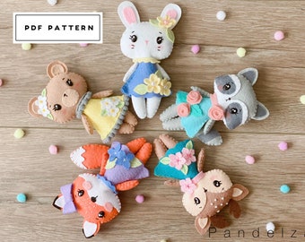 PDF Pattern: Wood land animals felt set. DIY Fox, bunny, bear, deer, and raccoon. Sewing pattern with easy instruction. DIY felt doll gift