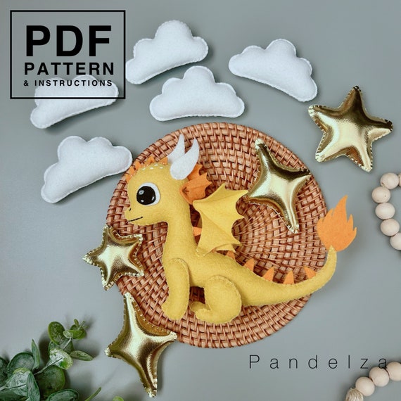 Dragon set felt PDF Pattern. Sewing Dragon animal, star, diamond, cloud. DIY felt toys, baby mobile, garland, nursery...Great DIY gift toy