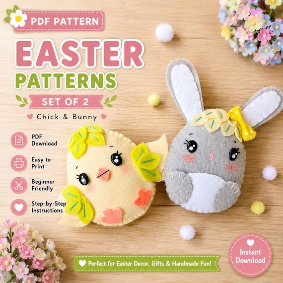 Felt Bunny & Chick Sewing Pattern, Easter Egg Pattern. Stuffed Animal Plushie. Cute Ornament. Great DIY Gift. DIY Felt Toys (PDF Pattern)