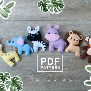 Jungle animals set felt PDF Pattern. DIY hand sewing felt stuffed toy animals collection. Ornament/ baby mobile pattern/ nursery room.