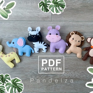 Modello PDF per set di animali della giungla in feltro. Collezione di animali di peluche in feltro cuciti a mano fai da te. Modello per ornamento/mobile per neonati/cameretta dei bambini.