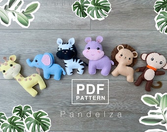 Jungle animals set felt PDF Pattern. DIY hand sewing felt stuffed toy animals collection. Ornament/ baby mobile pattern/ nursery room.