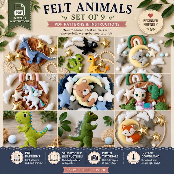 Felt Animals Bundle Sewing Patterns (PDF). Stuffed Animal Patterns. Cute Plush Doll. Felt Animal. DIY Felt Craft Toys/ Mobile/ Nursery Decor