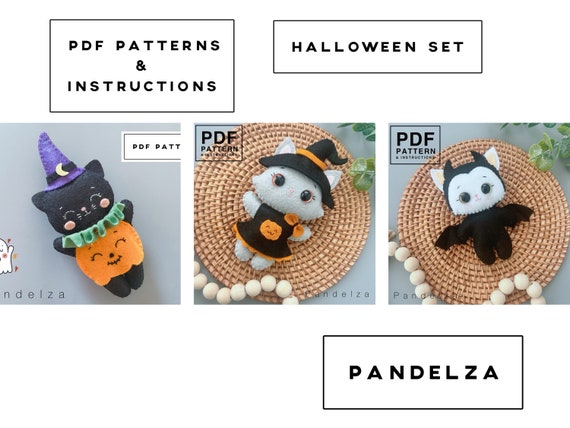Halloween cats wearing costume felt PDF sewing Pattern set of 3 and instructions. DIY Halloween felt toy doll/ decoration/ ornament.