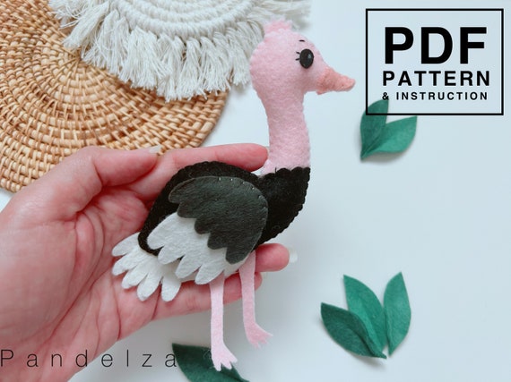 Ostrich felt sewing PDF Pattern. DIY softy plushie toy/ baby mobile/ decoration. Easy hand sewing toy with instruction step by step photos.