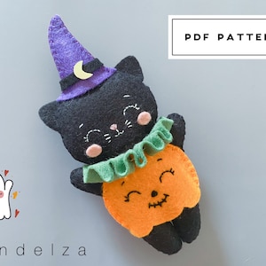ハロウィン衣装の黒猫の PDF パターン。ハロウィン フェルト人形の DIY パターンとチュートリアルのステップバイステップ。かわいい装飾品/飾り/おもちゃ。