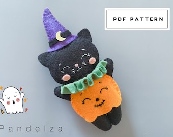 Felt Cat Halloween PDF Pattern. Hand Sewing Patterns. Stuffed Animal Doll. Cute Plush Cat. Felt Craft. DIY Felt Toys. Great DIY Gifts.