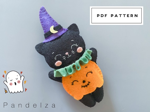 Black cat in Halloween costume PDF Pattern. DIY Halloween felt doll pattern and tutorial step by step. Cute decor/ ornament/ toy.
