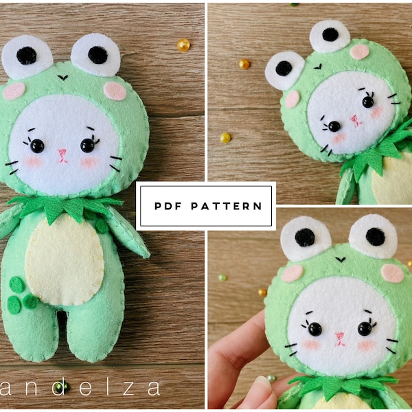 Cat wearing frog costume felt PDF pattern. Easy doll cat pattern with sewing tutorial. DIY Cute cat felt softy doll baby mobile toy.