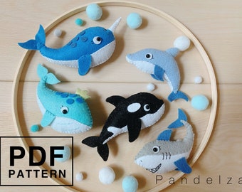 Sea animals PDF Patterns (Set of 5). DIY Narwhal/ Whale/ Dolphin/ Killer Whale/ Shark. Easy patterns with instruction. Nursery, toy, gift.