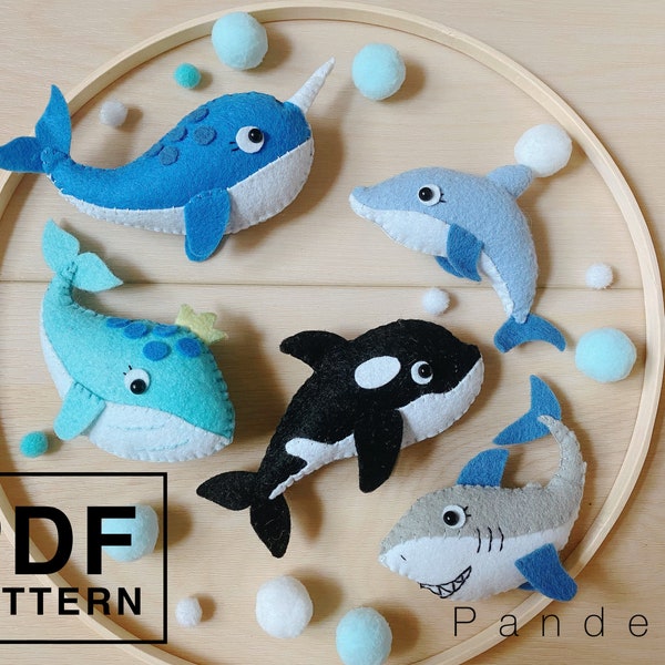 Sea animals PDF Patterns (Set of 5). DIY Narwhal/ Whale/ Dolphin/ Killer Whale/ Shark. Easy patterns with instruction. Nursery, toy, gift.