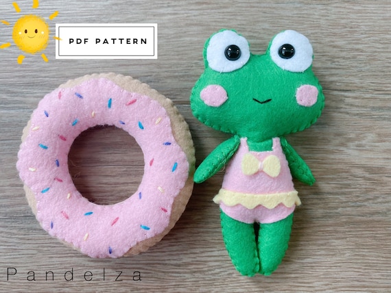 Frog doll with the donut float PDF pattern. Felt frog doll pattern tutorial. Easy DIY doll softy plushie toy.