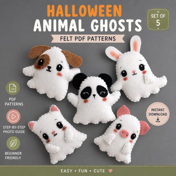 Halloween animal ghosts felt sewing patterns set of 5. Felt animal pattern. DIY felt toy/ garland/ wreath/ Keychain/ Halloween decoration...