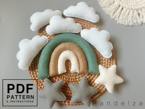 PDF Felt Pattern rainbow/ star/ cloud set. Easy hand sewing softy plush. DIY felt toy/ baby mobile crib/ ornament/ garland/ nursery/keychain