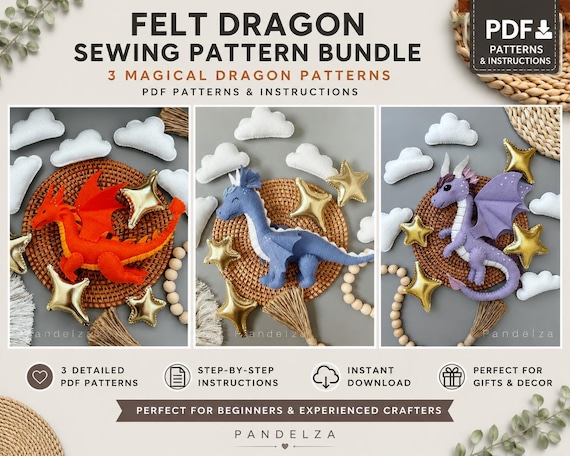Dragon Set of 3 PDF Felt Patterns, Star Cloud Included. DIY Gift Felt Toys/ Baby Mobile Nursery. Animal Pattern. Dragon Plush Pattern.