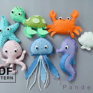 Set di 7 modelli PDF di animali marini. Fai da te granchio/tartaruga/stella marina/cavalluccio marino/medusa/vongola/polpo. Modello e tutorial facili.