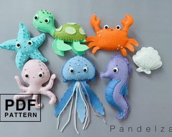 Sea animals set of 7 PDF pattern. DIY crab/ turtle/ starfish/ seahorse/ jelly fish/ clam/ octopus. Easy pattern and tutorial.