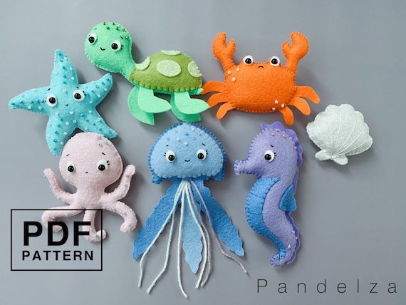 Sea animals set of 7 PDF pattern. DIY crab/ turtle/ starfish/ seahorse/ jelly fish/ clam/ octopus. Easy pattern and tutorial.